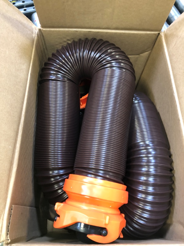 Photo 3 of Camco RhinoFLEX RV Sewer Hose Kit with Swivel Transparent Elbow and 4-in-1 Dump Station Fitting, Brown, 15 Feet (39770) 15ft Sewer Hose Kit Frustration-Free Packaging