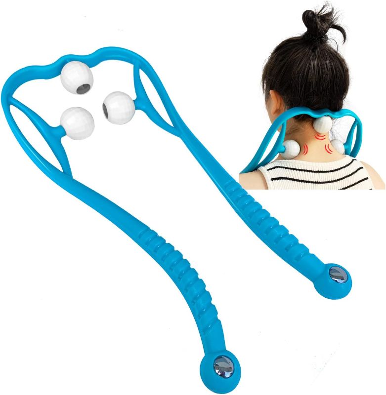 Photo 1 of  Manual Neck Massager Handheld Shiatsu Deep Tissue Dual Pressure Trigger Point Shoulder Neck Massage Tool for Self Pain Relie & Scalp Massager Gift (Blue)