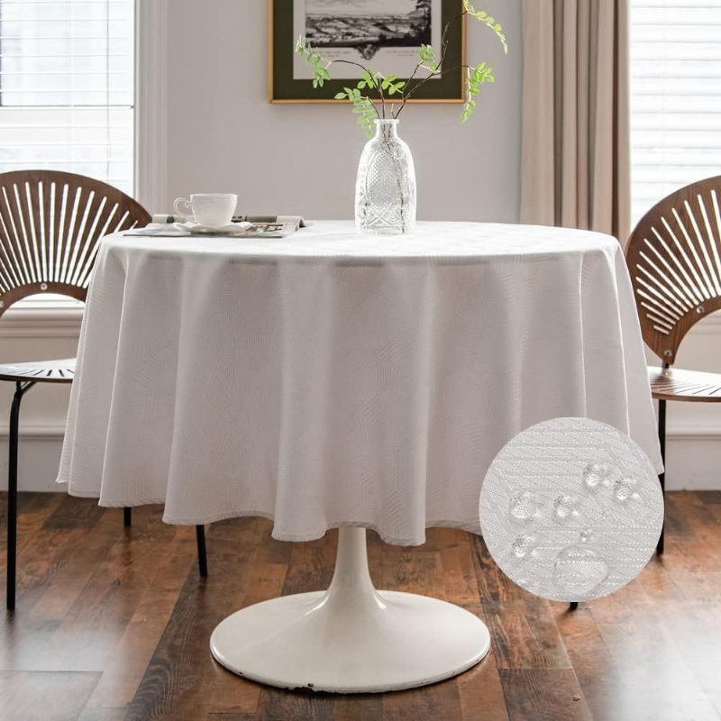 Photo 1 of 
 Round Tablecloth 60 Inch for Dining Table -White Geometric Polyester Waterproof Wrinkle Free Washable Table Covers-Summer Kitchen & Table Linens for Outdoor & Picnic