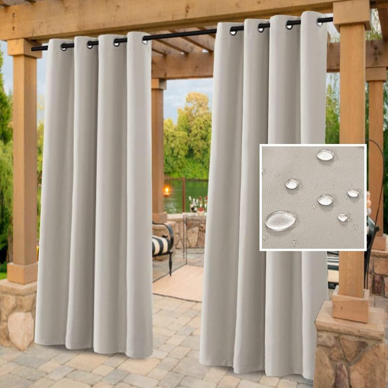 Photo 1 of  Indoor Outdoor Curtains for Patio Waterproof Stainless Steel Silver Grommet Thermal Insulated Blackout Outdoor Drapes for Deck/Gazebo, Stone, 52x95 Inch, 1 Panel