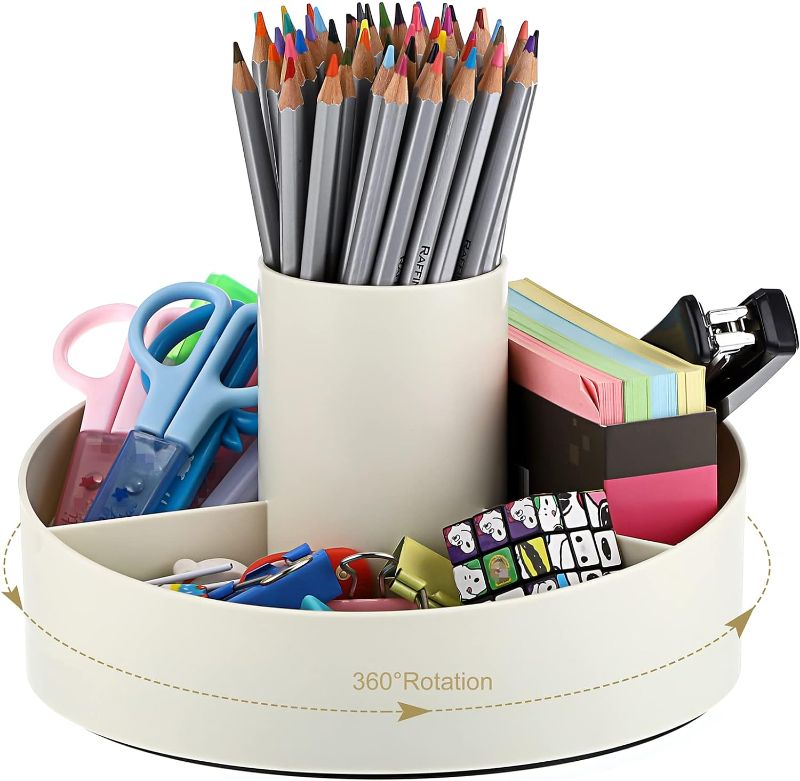 Photo 2 of  Multifunctional 360-degree Rotating Storage Box for Desk Plastic Desktop Pen Holder for Pencils Markers Art Supply Organizer Spinning Countertop Stationery Organizer with 4 Compartments (Beige)