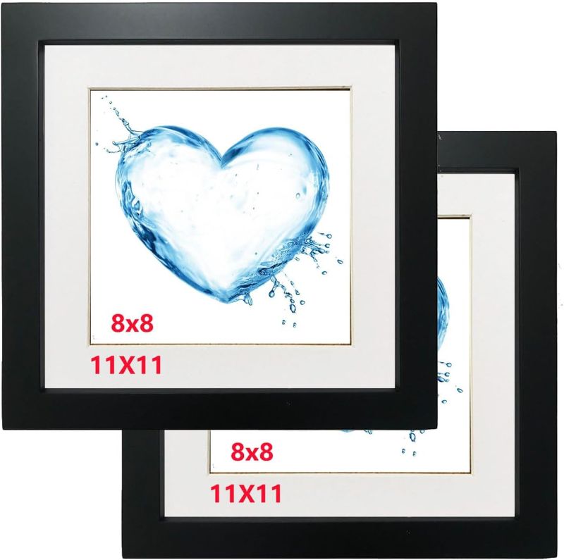 Photo 1 of 11x11 Picture Frames Black with Mat 8x8. Solid Wood Frame. Set of 2. Plastic Panel (Film Needs to be Removed) Table or Wall.Front Window Opening 10.5x10.5 inch.