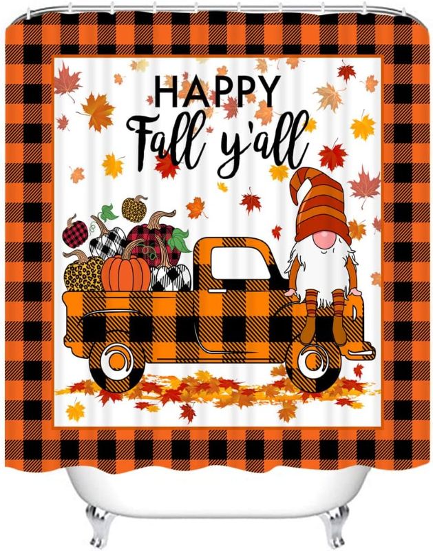 Photo 1 of  Fall Buffalo Check Plaid Shower Curtain Gnome Autumn Truck Pumpkin Maple Leaves Farmhouse for Home Bathroom Bathtubs Sets Decorations Easy Care Washable Durable Polyester Fabric 72"x72"