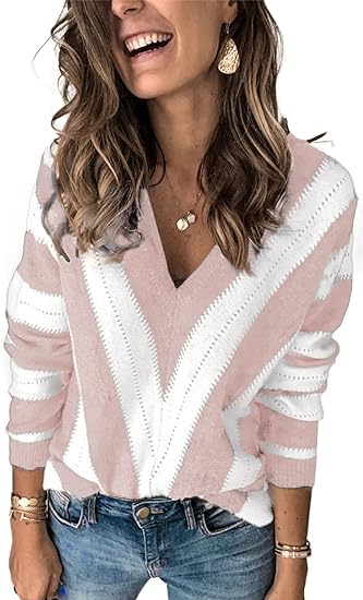 Photo 1 of Elapsy Womens Color Block Striped V Neck Sweater Long Sleeve Pullover Knitted Sweater, SIZE 2XL 