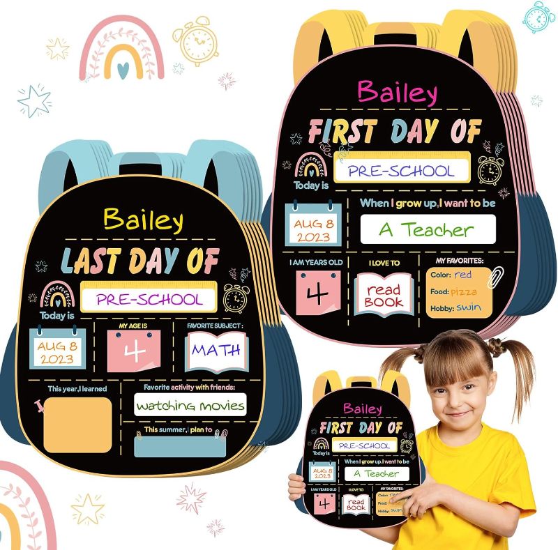 Photo 1 of 2 Pcs Cardstock Back to School Signs Double Side First Day of School Board Sign First and Last Day of School Chalkboard Reusable Back to School Board for Preschool Kindergarten Supplies (Boho)