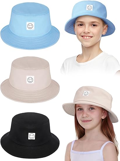 Photo 1 of 3 Pieces Kids Smile Face Bucket Hats, Summer Travel Bucket Sun Beach Hats Outdoor Visor Cap for Boys Girls (Black, Blue, Beige)