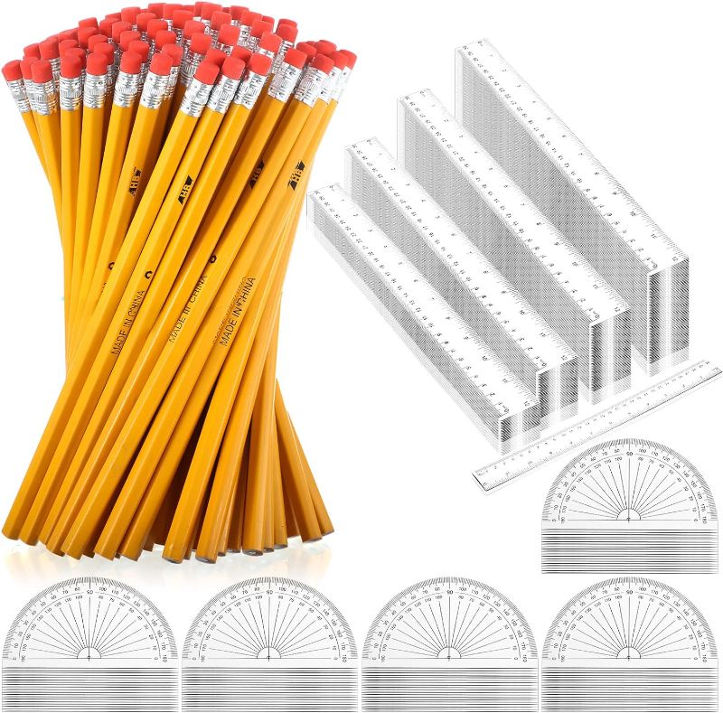 Photo 1 of 300 Pcs Clear Measuring Tools Geometry Set Including 100 Pcs 12 Inch Plastic Straight Ruler 100 Pcs 180 Degree Protractor 100 Pcs Pencils for Student Kids School Office Classroom Teacher
