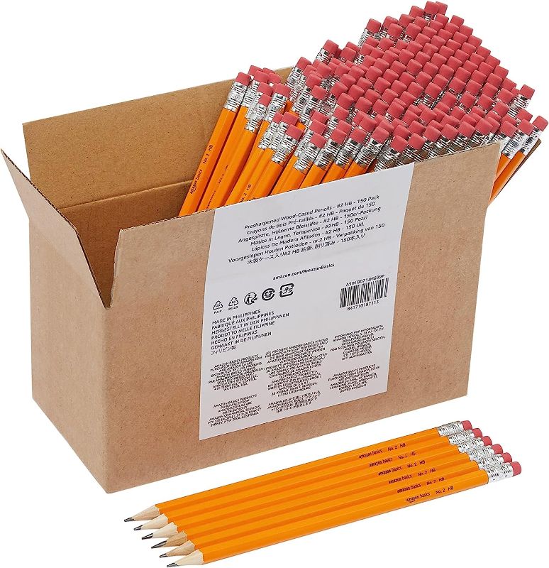 Photo 1 of Amazon Basics Woodcased #2 Pencils, Pre-sharpened, HB Lead Bulk Box, 150 Count, Yellow
 