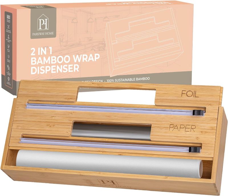 Photo 1 of 2 in 1 Foil Paper Bamboo Wrap Dispenser Kitchen Wrap Organizer with Extra Wide 13.5" Foil Cutter. Aluminum Foil Wax Paper Wrap Dispenser with Cutter. Kitchen Food Wrap Storage Holder for 13.5" Rolls
