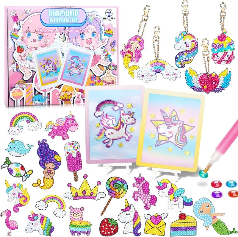 Photo 1 of MAILUREN Diamond Painting Kits for Kids, Gem Art Kit, 5D Gem Double Side Keychains, Diamond Art Stickers, Unicorn Diamond Painting, with Colorful Box
