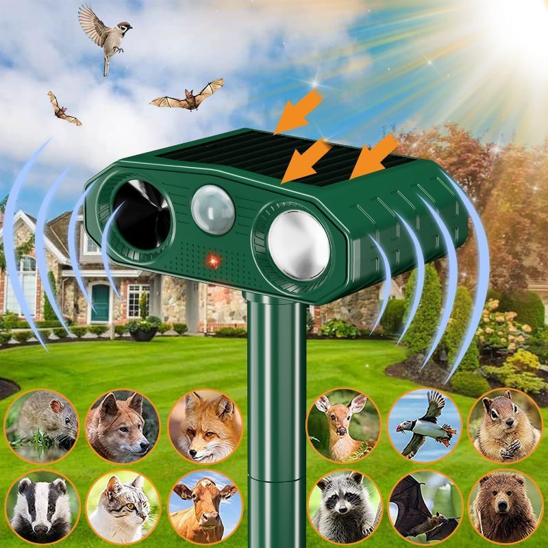 Photo 1 of 2023 Solar Ultrasonic Animal Repeller, Outdoor Animal Deterrent Solar Dog Chaser, Ultrasonic Solar Powered Animal Repeller Waterproof Animal Repeller Protect Farm for Dog, Cat, Bird, Rabbit, Raccoon
