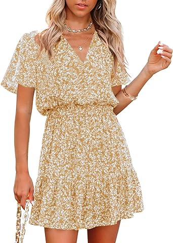 Photo 1 of Chang Yun Floral Summer Dress for Women Short Sleeve Wedding Guest Dresses Boho Sun Short Square Neck Mini Dress SIZE S
