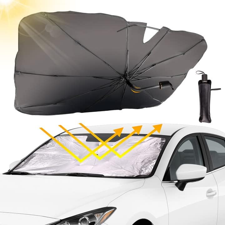 Photo 1 of INPHER Brella Shield for Car Windshield, Windshield Sun Shade UV Heat Protection Rearview Mirror Cut-Out 360° Rotating Bendable Handle Foldable Automotive Car Sunshade with Storage Bag
