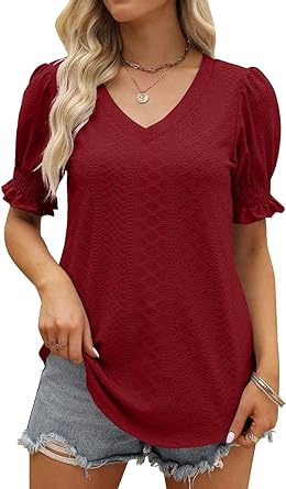 Photo 1 of AFVETUT Womens Summer Top Sexy V Neck Petal Short Sleeve Shirt Casual Flowy Solid Color Blouse Tees Tops SIZE L
