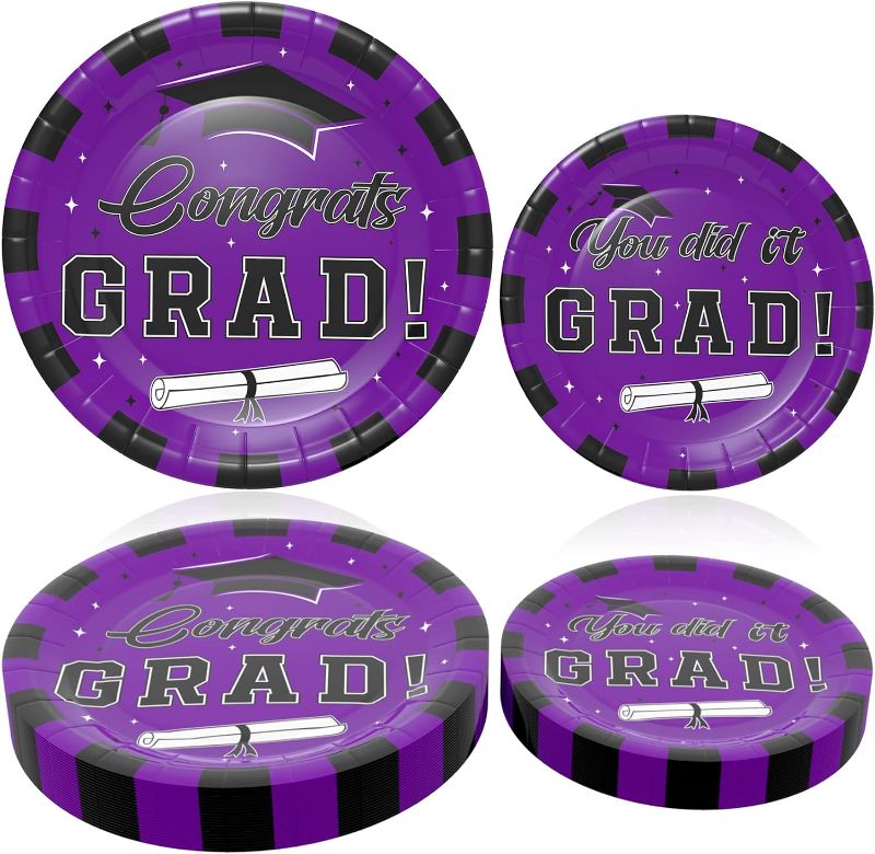 Photo 1 of  Graduation Party Supplies Graduation Party Decorations Disposable Graduation Plates Including 24 PCS Class of Disposable Tableware for College High School Congrats Graduation Party Purple
