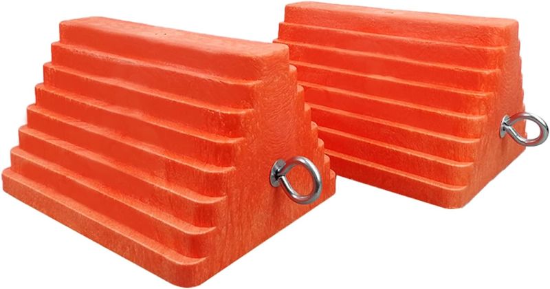 Photo 1 of 2 Pack Wheel Chocks Heavy Duty Orange with Eyebolt for Travel Trailer, 10" Length x 8" Width x 5.7" Height