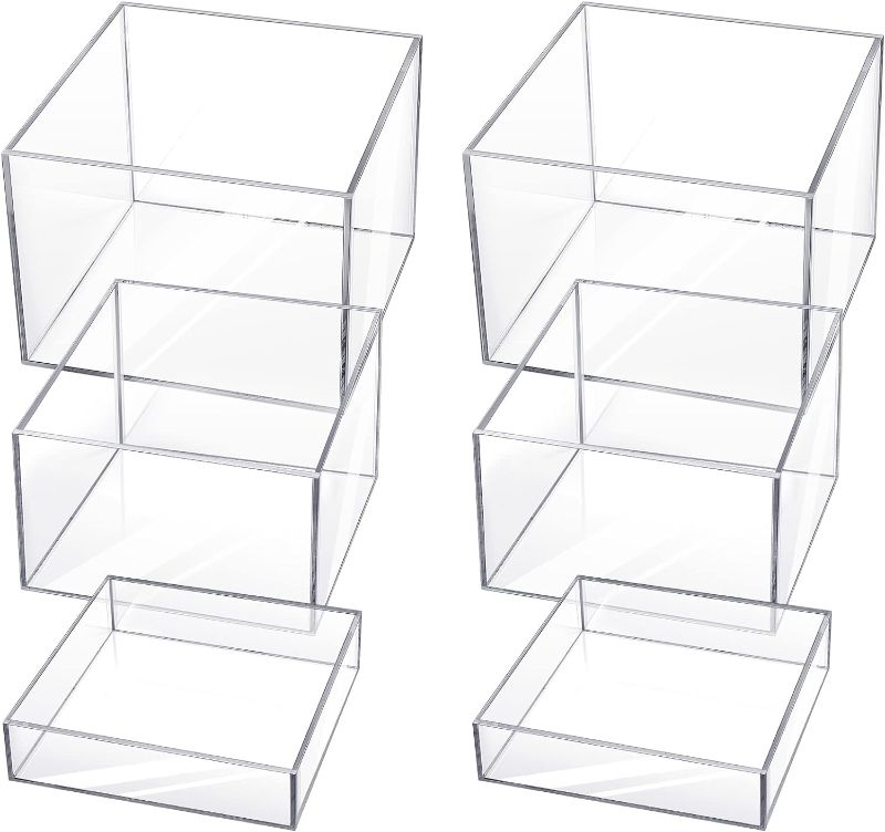 Photo 1 of 4 Pcs Acrylic Display Risers Acrylic Boxes Acrylic Display Nesting Cubes 5 Sided with Hollow Bottoms Display Stand Shelf for Cosmetics Food Collectibles Jewelry Figures Show (Clear)
