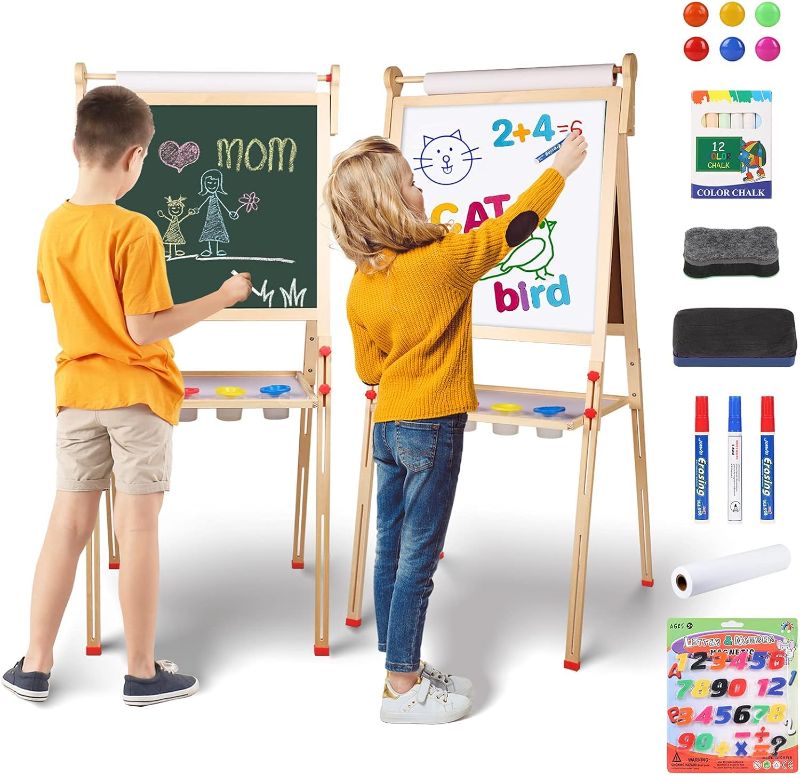 Photo 1 of YOHOOLYO Kids Easel Wooden Children Art Easel Paper Roll,Double Sided Magnetic Whiteboard Chalkboard Dry Eraser Adjustable Height for Boys Girls Gifts
