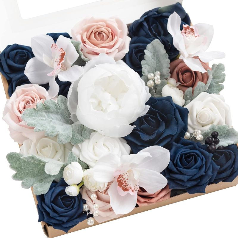 Photo 1 of Ling's Moment Artificial Flowers Box Set for DIY Wedding Bouquets Centerpieces Arrangements Party Baby Shower Home Decorations (Navy Blue)
