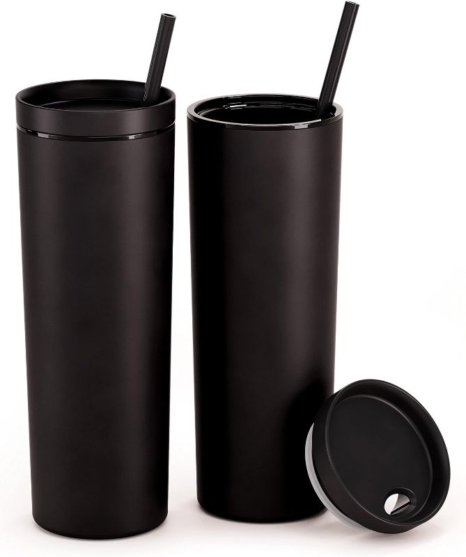 Photo 1 of Maars Skinny Acrylic Tumbler with Lid and Straw | 18oz Premium Insulated Double Wall Plastic Reusable Cups - Matte Black, 2 Pack
