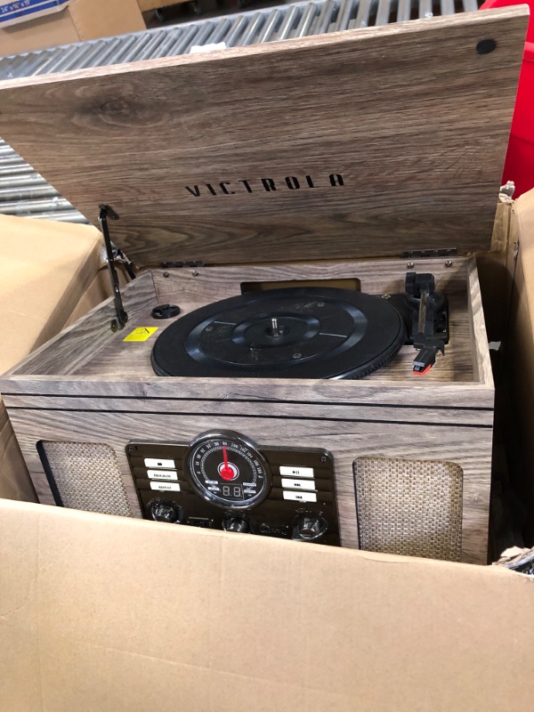 Photo 2 of Victrola Nostalgic 6-in-1 Bluetooth Record Player & Multimedia Center with Built-in Speakers - 3-Speed Turntable, CD & Cassette Player, AM/FM Radio | Wireless Music Streaming White (VA-30-WHT) Farmhouse Oatmeal Entertainment Center + Stand Turntable White