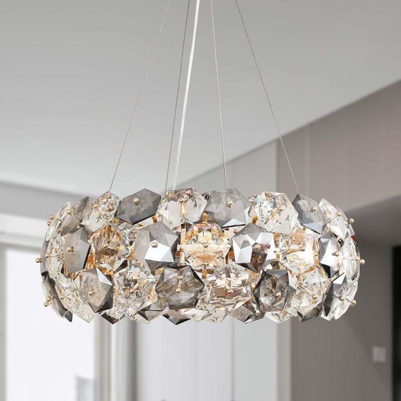 Photo 1 of (DOES NOT COME WITH BULBS)GDLUOAO Crystal Chandelier, 12-Lights 24 Inch Gold Modern Round Pendant Lights, Hexagonal Crystals Surrounding Chrome Metal Ceiling Light Fixture, Chandeliers for Dining Room Bedroom Living Room
