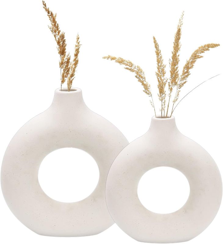 Photo 1 of 2 Pack White Ceramic Vase for Modern Home Decor,Round Matte Flower Vases Minimalist Nordic Boho Ins Style for Wedding Dinner Table Party Living Room,Garden.(Large + Medium)
