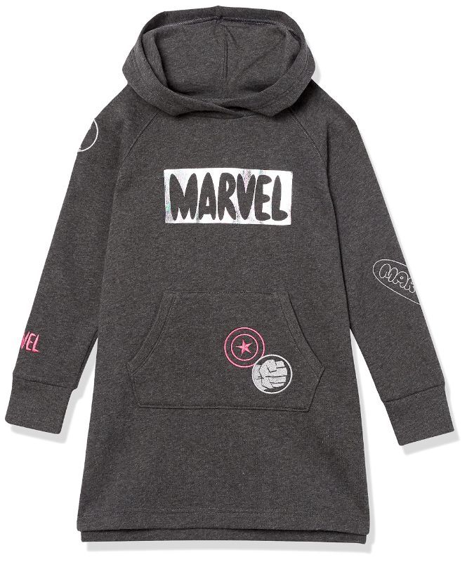 Photo 1 of 2 PACK Amazon Essentials Disney | Marvel | Star Wars | Frozen | Princess Girls and Toddlers' Fleece Long-Sleeve Hooded Dresses 4T Charcoal Heather, Marvel/Patches