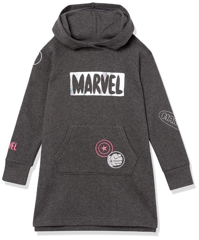 Photo 1 of Amazon Essentials Disney | Marvel | Star Wars | Frozen | Princess Girls and Toddlers' Fleece Long-Sleeve Hooded Dresses SIZE XL Charcoal Heather, Marvel/Patches 