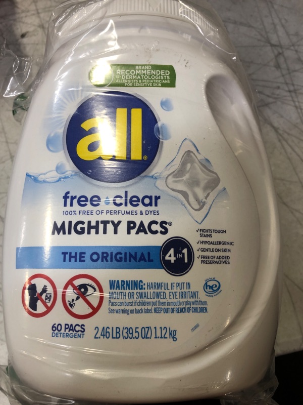 Photo 2 of All Mighty Pacs Laundry Detergent, Free Clear for Sensitive Skin, Tub, 60 Count Unscented 60 Count (Pack of 1)