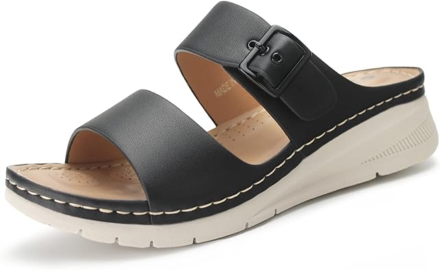 Photo 1 of Hawkwell Women's Open Toe Walking Sandals Comfortable Adjustable Buckle Strap Dress Casual Slip On Wedge Slides Sandal Black Size 5