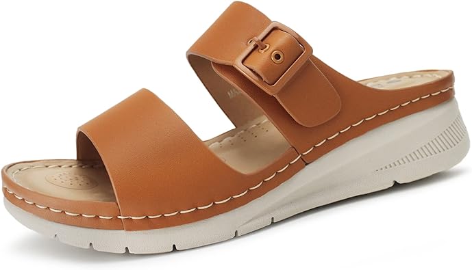 Photo 1 of Hawkwell Women's Open Toe Walking Sandals Comfortable Adjustable Buckle Strap Dress Casual Slip On Wedge Slides Sandal Brown Size 8