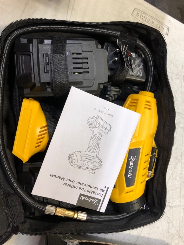 Photo 1 of AstroAI Cordless Tire Inflator Air Compressor 20V Rechargeable Battery Powered 160PSI Portable Handheld Air Pump with 12V Car Power Adapter Digital Pressure Gauge for Cars Motorcycles JY16P160-18?C2? 1-yellow