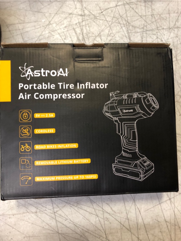 Photo 1 of AstroAI Cordless Tire Inflator Air Compressor 20V Rechargeable Battery Powered 160PSI Portable Handheld Air Pump with 12V Car Power Adapter Digital Pressure Gauge for Cars Motorcycles JY16P160-18?C2? 1-yellow