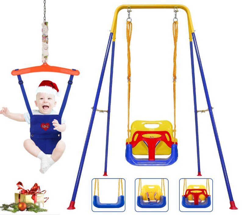 Photo 1 of 3-in-1 Toddler Swing Set and Baby Jumper, Baby Swing with Bouncers for Indoor Outdoor Play, Sturdy Safety Seat and Foldable Metal Swing Stand Easy to Assemble and Store at Home Garage