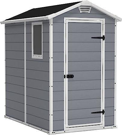 Photo 1 of Keter Manor 4x6 Resin Outdoor Storage Shed Kit-Perfect to Store Patio Furniture, Garden Tools Bike Accessories, Beach Chairs and Lawn Mower, Grey & White
