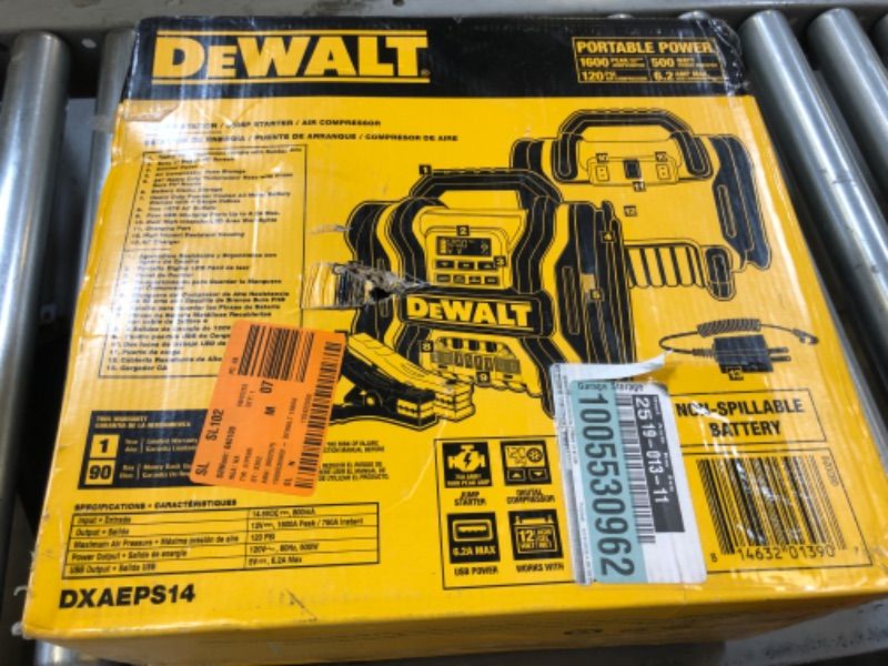 Photo 3 of DEWALT DXAEPS14 1600 Peak Battery Amp 12V Automotive Jump Starter/Power Station with 500 Watt AC Power Inverter, 120 PSI Digital Compressor, and USB Power , Yellow