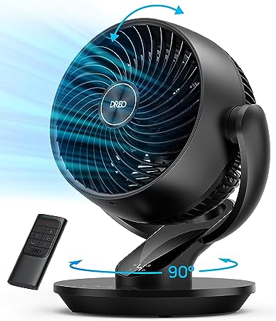 Photo 1 of Dreo Table Fans for Home Bedroom, 9 Inch Quiet Oscillating Floor Fan with Remote, Air Circulator Fan for Whole Room, 70ft Powerful Airflow, 120° Adjustable Tilt, 4 Speeds, 8H Timer
