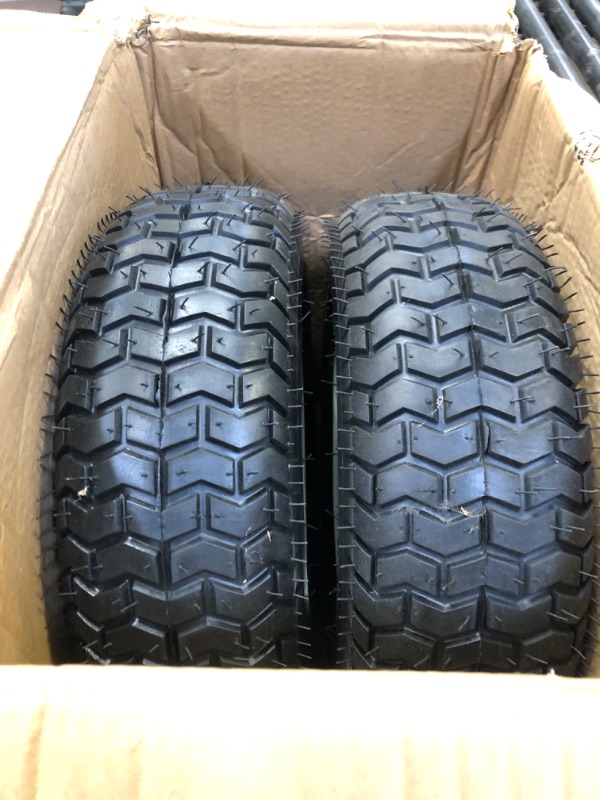 Photo 2 of (2-Pack) 16x6.50-8 Tubeless Tires on Rim - Universal Fit Riding Mower and Yard Tractor Wheels - With Chevron Turf Treads - 3” Offset Hub and 3/4” Bearings - 4 Ply with 615 lbs Max Weight Capacity 16x6.50-8 Tubeless White