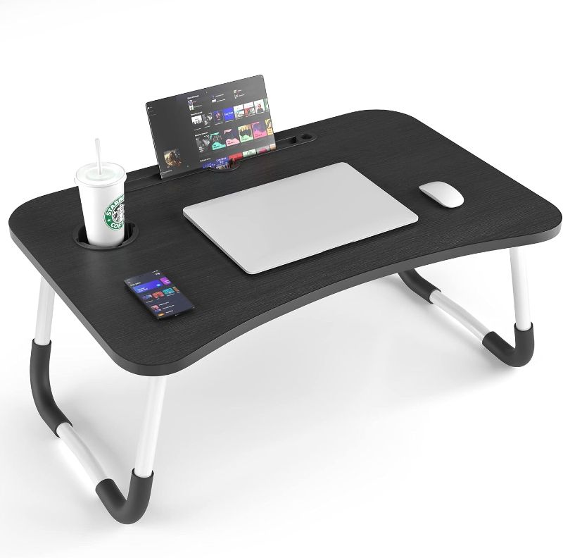 Photo 1 of Laptop Desk, Portable Laptop Bed Tray Table Notebook Stand Reading Holder with Foldable Legs & Cup Slot for Eating, Reading, Watching Movie on Bed/Couch/Sofa (Black)