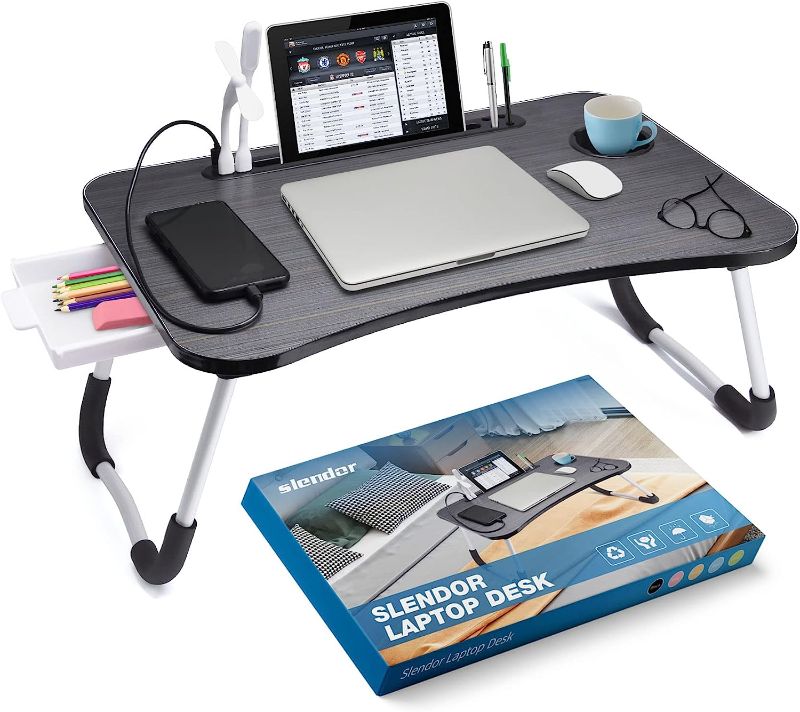 Photo 1 of Slendor Laptop Desk Laptop Bed Stand Foldable Laptop Table Folding Breakfast Tray Portable Lap Standing Desk Reading and Writing Holder with Drawer for Bed Couch Sofa Floor
