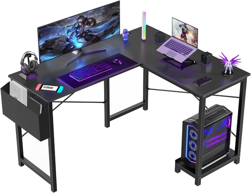 Photo 1 of L Shaped Desk 50 Inch Computer Corner Desk Home Office Writing Desk Table Workstation Gaming Study Desks with Side Storage Bag, CPU Stand Shelf, BLACK