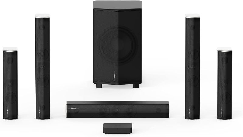 Photo 1 of Enclave CineHome PRO - 5.1 Wireless Plug and Play Home Theater Surround Sound System - THX, Dolby, DTS WiSA Certified - Includes 5 Active Wireless Speakers, 10-inch Subwoofer & CineHub Transmitter
