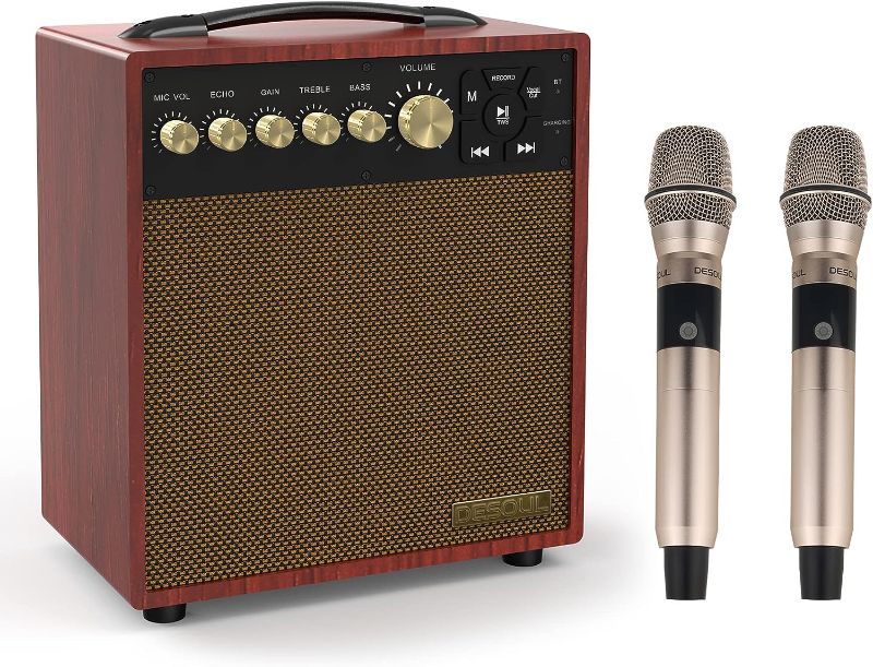 Photo 1 of DESOUL 40W Portable Karaoke Machine Vintage Speaker Guitar Amp 2 Wireless Microphones Rechargeable Battery Powered Bluetooth Wooden Bookshelf Speaker Retro Multimedia Inputs Rosewood
