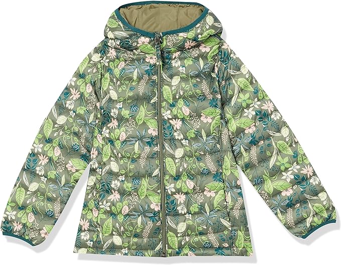 Photo 1 of Amazon Essentials Girls and Toddlers' Lightweight Water-Resistant Packable Hooded Puffer Jacket Medium Green Floral - 3T