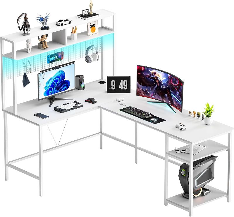 Photo 1 of VEELOK L Shaped Desk with Hutch - 67" L Shaped Gaming Desk with LED Lights, Corner Computer Desk with Storage Shelves, L Shaped Office Desk with Pegboard, White
