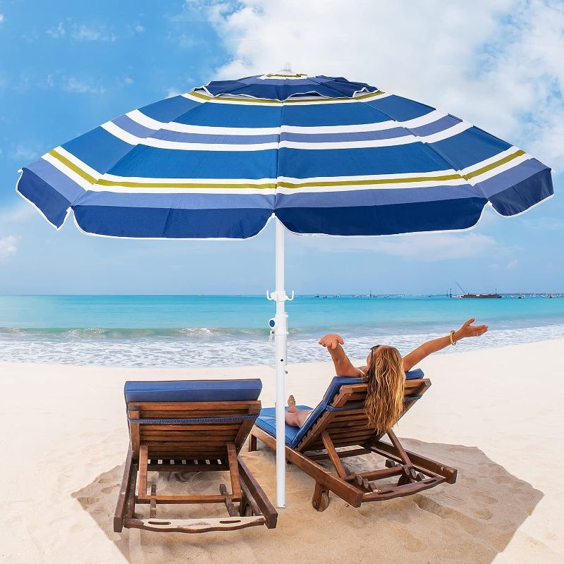 Photo 1 of ROWHY 7.5FT Beach Umbrella UV 50+ Outdoor Portable Sunshade Umbrella With Push Button Tilt Sand Anchor and Carry Bag for Patio Garden Beach Pool Backyard (Blue and Green Stripe)
