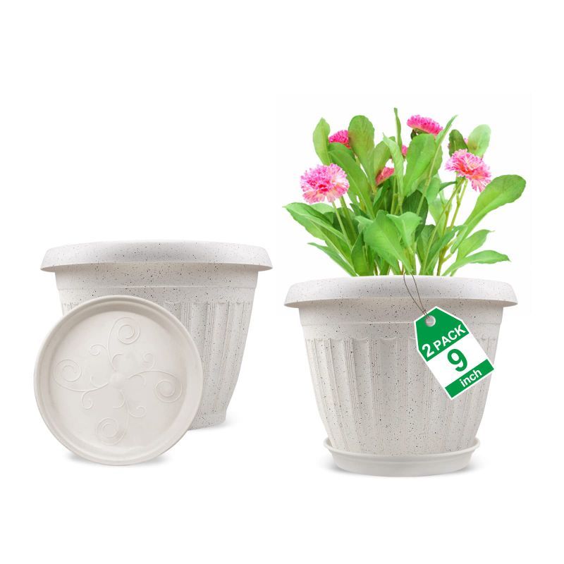 Photo 1 of Plastic Flower Pots Planters for Indoor Plants, 2 Pack 9 Inch White Plant Pots with Drainage Hole & Tray, Modern Decorative Large Plant Pot with Saucer for Indoor Outdoor Plants Garden House Planter 9 Inch-2 pack