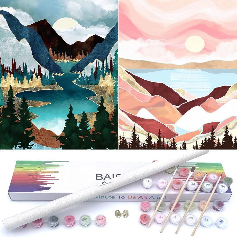 Photo 1 of BAISITE Paint by Numbers for Adults Beginners and Kids,12" Wx16 L 2 Pack Canvas Pictures Drawing Paintwork with 8 Pcs Wooden Paintbrushes,Acrylic Pigment-1112 