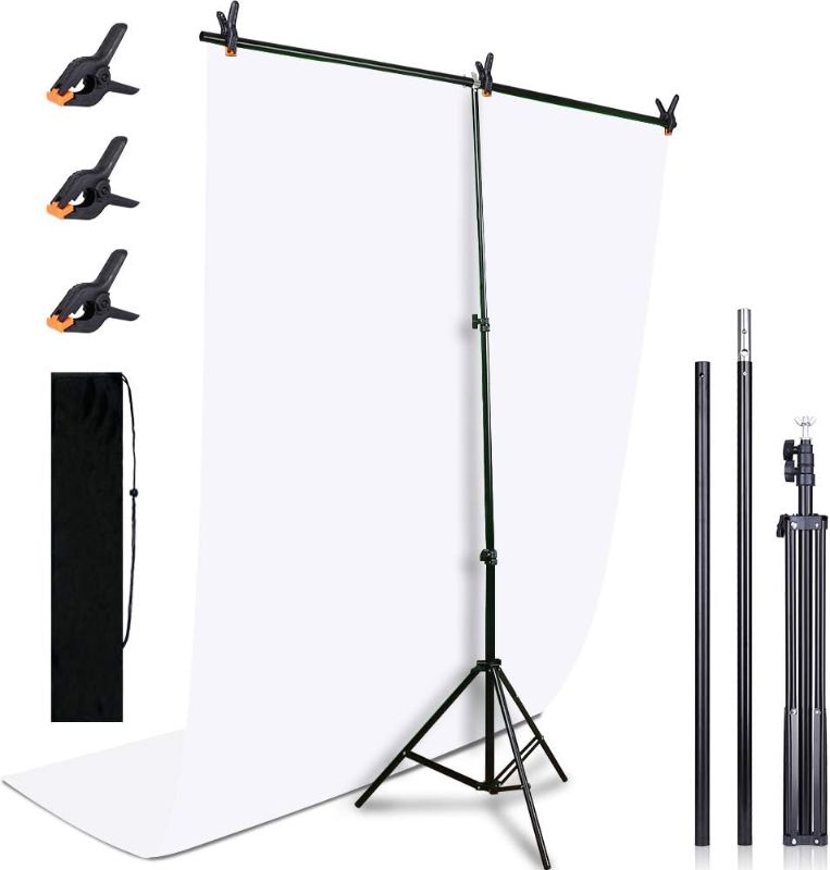 Photo 1 of Kmhesvi Portable White Backdrop with Stand - 5ft x 6.5ft Adjustable T-Shape Stand with White Photo Backdrop, 3P Spring Clamps, 1P Carry Bag for Photoshoot Parties Background T Stand + White Backdrop White